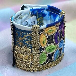 Boho Gold Sequin Cuff Bracelet Cochlea Gypsy OOAK USA Textile Lined Gift Signed